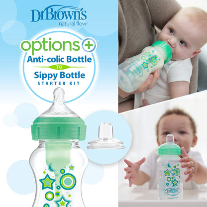 Dr. Brown’s Anti-Colic Options+ Wide-Neck Sippy Bottle Starter Kit, 9oz/270mL, with Level 3 Medium-Fast Flow Nipple and Soft 100% Silicone Sippy Spout, Pink, BPA Free, 6m+
