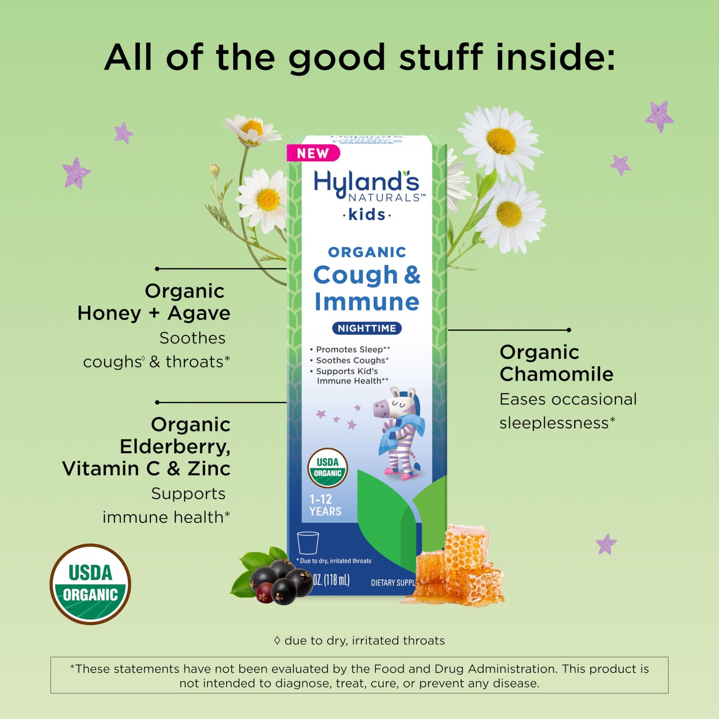 Hyland's Kids Nighttime Organic Cough Syrup and Immune Support with Agave, Elderberry and Pomegranate, Soothes Cough, and Supports Immunity, 4 Fl. Oz.