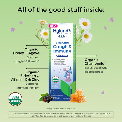 Hyland's Kids Nighttime Organic Cough Syrup and Immune Support with Agave, Elderberry and Pomegranate, Soothes Cough, and Supports Immunity, 4 Fl. Oz.