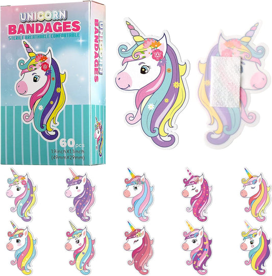 60 Pcs 10 Styles Unicorn Kids Bandages Kawaii Cute Cartoon Unicorn Colorful Funny Protection Care Adhesive Bandages for Toddlers Children Girls Boys Princess