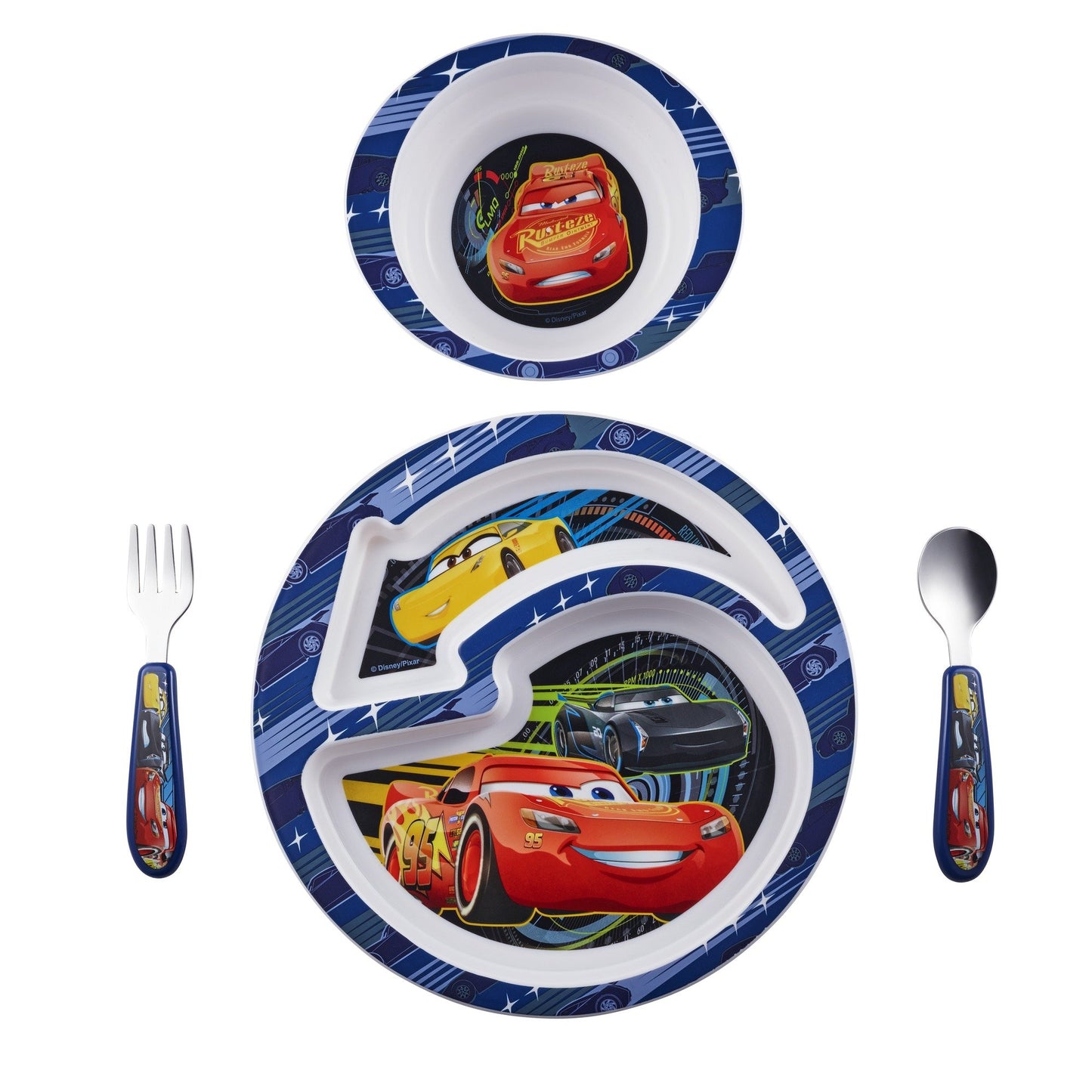 The First Years Bluey 4-Piece Place Setting - BPA Free Dishwasher Safe Toddler Dinnerware Set with Divided Plate, Bowl, Fork, Spoon - Multicolor