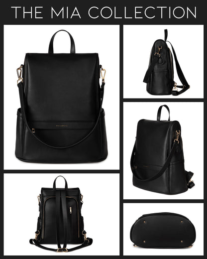 Leather Diaper Bag Backpack with USB Charging port, Changing Pad, Stroller Straps, and Bottle Holder (Brown Olivia)