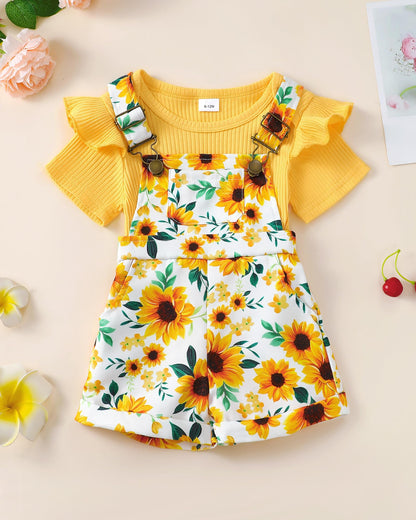 SUNNY PIGGY Toddler Baby Girl Overalls Clothes Toddler Adjustable Suspender Jumpsuit Short Sleeve Outfit Little Girl's Set