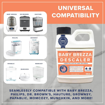 Descaler Compatible with Baby Brezza - 4 to 8 Uses - Descaler for Baby Bottle Dispensers & Washers - 32 oz Universal Cleaning Solution - Safe, All-Natural, Removes Mineral Buildup & Residue