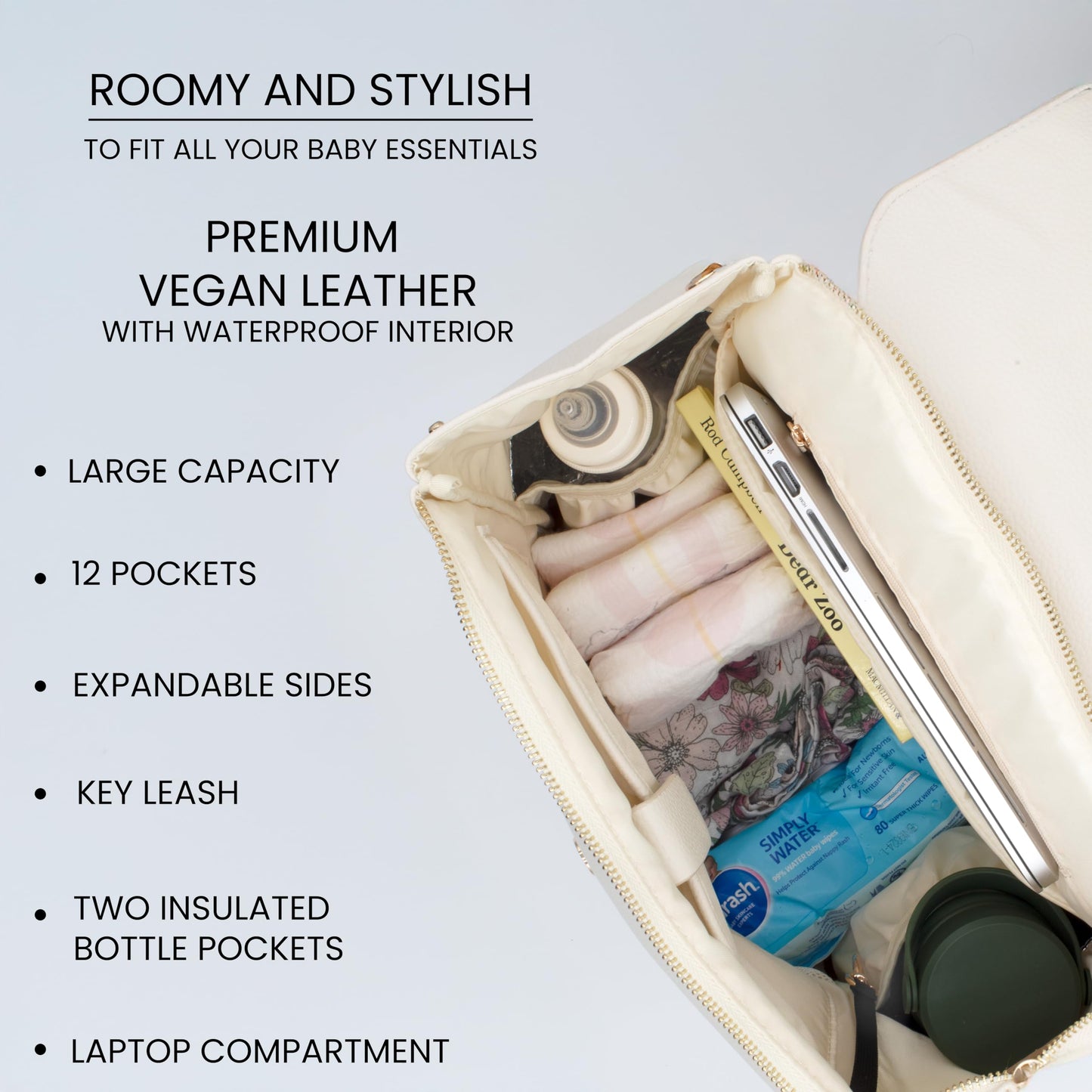 Premium Vegan Leather Diaper Bag Backpack – Large Designer Baby Bag, Stylish Diaper Backpack with Stroller & Crossbody Straps & Multiple Compartments (Powder Blue)
