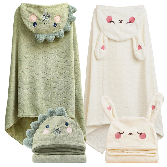 Unisex Toddler Bath Towel with Hood, 27.5"X55", Green, Anime Dinosaur Pattern, Coral Fleece, Machine Wash, 1 Count