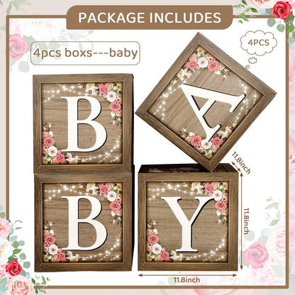 Epakh Baby Boxes with Letters for Baby Shower, Rustic Floral Brown Blocks Bear Box Birthday Party Gender Reveal Photo Props for Girl Boy