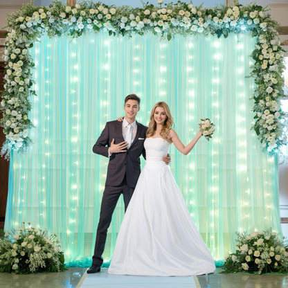 White Tulle Backdrop Curtain with Lights String for Parites 10×8ft Sheer Backdrop Curtains White Curtain Backdrop for Wedding Baby Shower Birthday Party Photo Shoot Decorations(2 Panels 10ft×8ft)