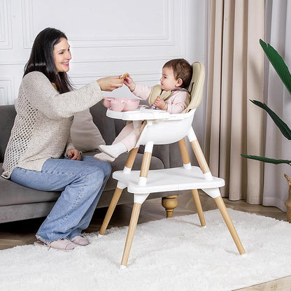 High Chair for Babies & Toddlers, Convertible Wooden 6 in 1 Baby Highchair, Table and Chair Set, Building Block Table, 5-Point Adjustable Seat Belts, 4-Position Removable Tray& PU Seat Cushion (Black)