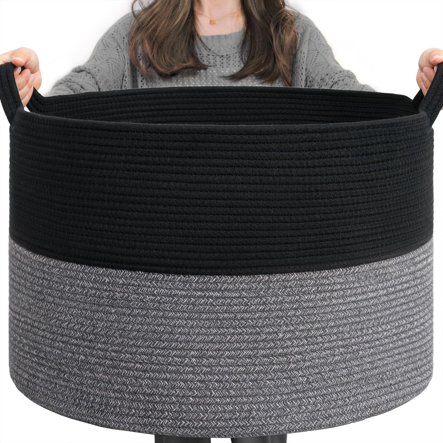 INDRESSME XXXLarge Cotton Rope Basket 21.7" x 21.7" x 13.8" Woven Baby Laundry Blanket Basket Toy Baskets with Handle Storage Comforter Cushions Thread Laundry Hamper