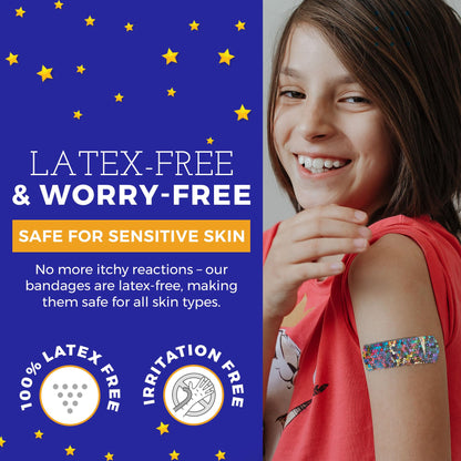 Glitter Bandages for Kids -(100 Count Box) Adhesive Bandage Strips w/Colorful Glitter Design & Latex-Free Individually Wrapped Strips for First Aid, Wound Care, Minor Cuts, Scrapes