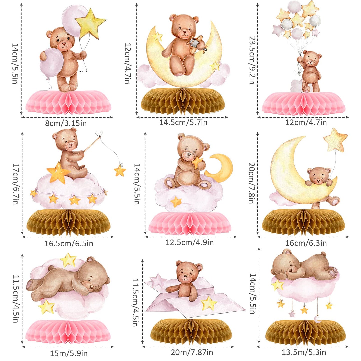 Tarklanda 9 Pcs Bear Baby Shower Honeycomb Centerpieces for Boys Party Decorate,Little Bear Balloons Cutouts Table Topper Honeycomb 3D Table Decoration for Kids Baby Shower Birthday Party Supplies
