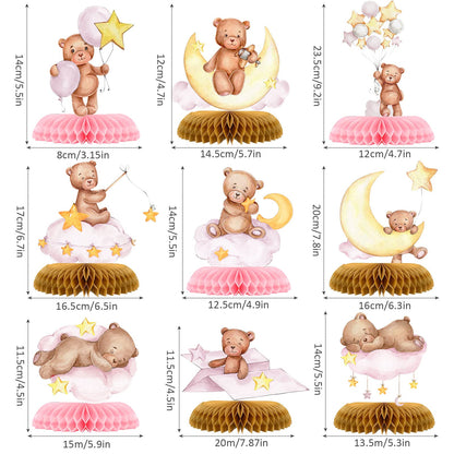 Tarklanda 9 Pcs Bear Baby Shower Honeycomb Centerpieces for Boys Party Decorate,Little Bear Balloons Cutouts Table Topper Honeycomb 3D Table Decoration for Kids Baby Shower Birthday Party Supplies