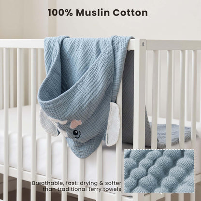 Konssy 2-Pack Muslin Baby Hooded Towels, Soft Cotton and Absorbent Baby Bath Towels for Newborn, Infant & Toddler with Animal Hooded Design (Bunny & Deer)