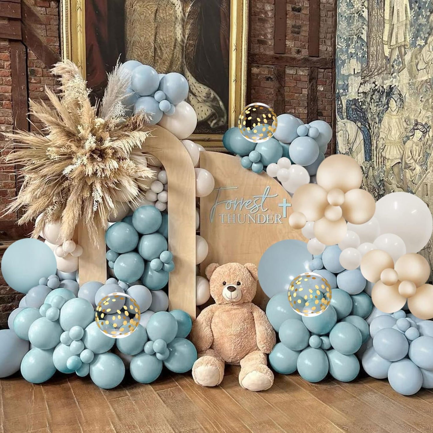 Dusty Blue Balloon Arch Kit, Dusty Baby Blue Balloons Arch Kit With Metallic Gold Sand White Gold Confetti Balloons for Wedding Bridal Shower Boy Birthday Party Baby Shower Decorations