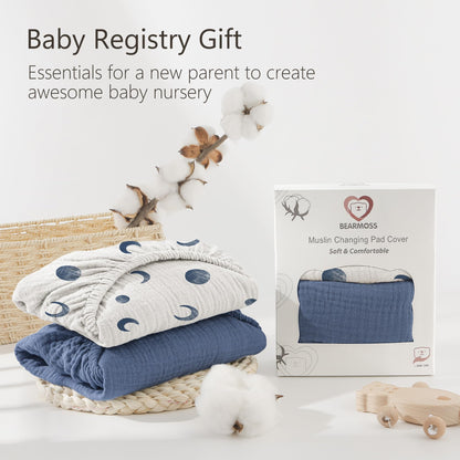 Bearmoss Changing Pad Cover, 2 Pack Muslin [100% Cotton] Diaper Changing Table Covers, 32'' x 16'' Soft Breathable Changing Pad Sheets for Unisex Baby Girls and Boys with Strap Holes (Bluemoon)
