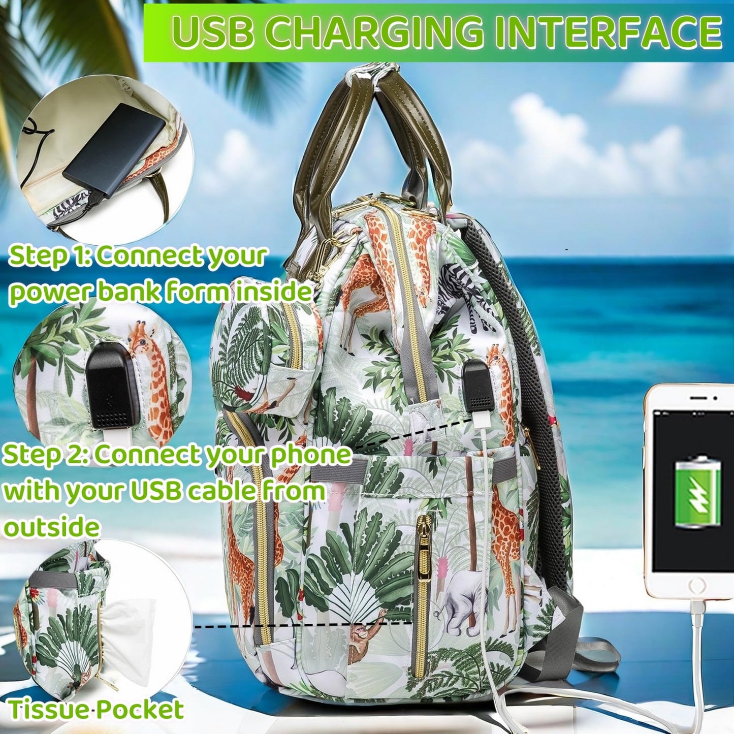 Diaper Bag Backpack for Dad and Mom with USB Charging Port Stroller Straps and Insulated Pocket,army military Travel Nappy Backpack for Daddy/Mommy (Black)