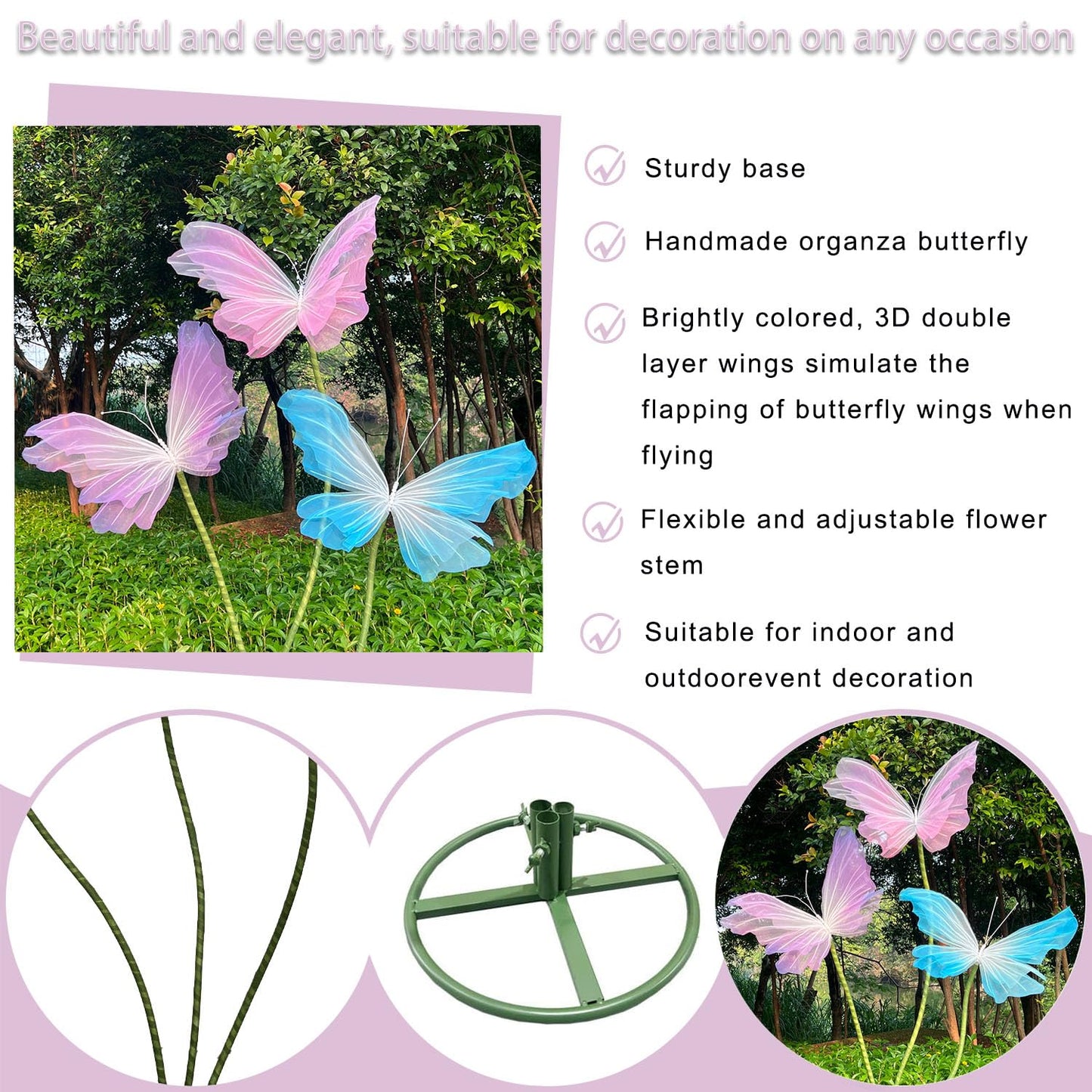 3Pcs Giant Silk Butterfly Decorations, Large Butterflys Decoration with Standing Base, for Wedding Ceremony Birthday Party Baby Shower Church Backdrop Decoration Home Decor (Pink)