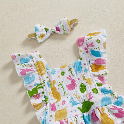 Baby Girls Flutter Sleeve Ruffles Layered Romper Dress Cute Patterns Printed Holiday Outfit with Headband