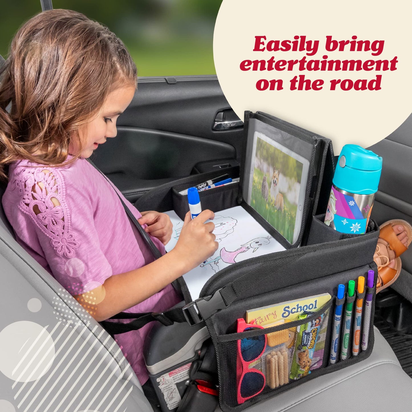Lusso Gear Kids Travel Tray 2-Pack for Car Seats - Car Seat Tray with Tablet Stand, Mesh Pockets and Cup Holder - Road Trip Essentials Organizer and Activity Desk (Black)