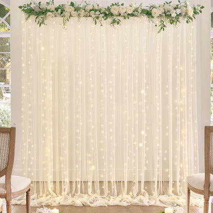 White Tulle Backdrop Curtain with Lights String for Parites 10×8ft Sheer Backdrop Curtains White Curtain Backdrop for Wedding Baby Shower Birthday Party Photo Shoot Decorations(2 Panels 10ft×8ft)