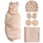Newborn Receiving Blanket with Bow Hat Mittens Wooden Card Set Wheat-Pattern Newborns Toddler Baby Boy Girl Nursery Swaddle Wrap