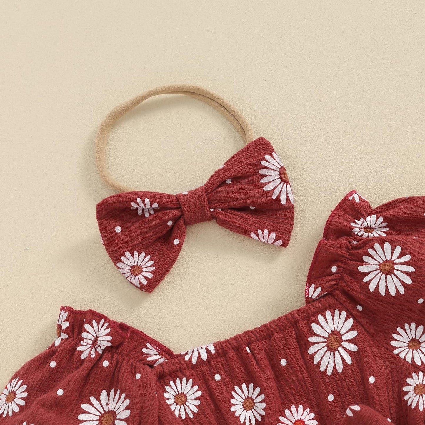 Baby Girls Daisy Romper Bowknot Bodysuit+Headband Short Sleeve Playsuits Floral Jumpsuit Infant Summer Clothes