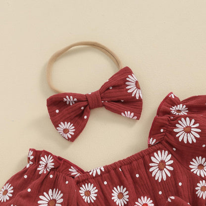 Baby Girls Daisy Romper Bowknot Bodysuit+Headband Short Sleeve Playsuits Floral Jumpsuit Infant Summer Clothes