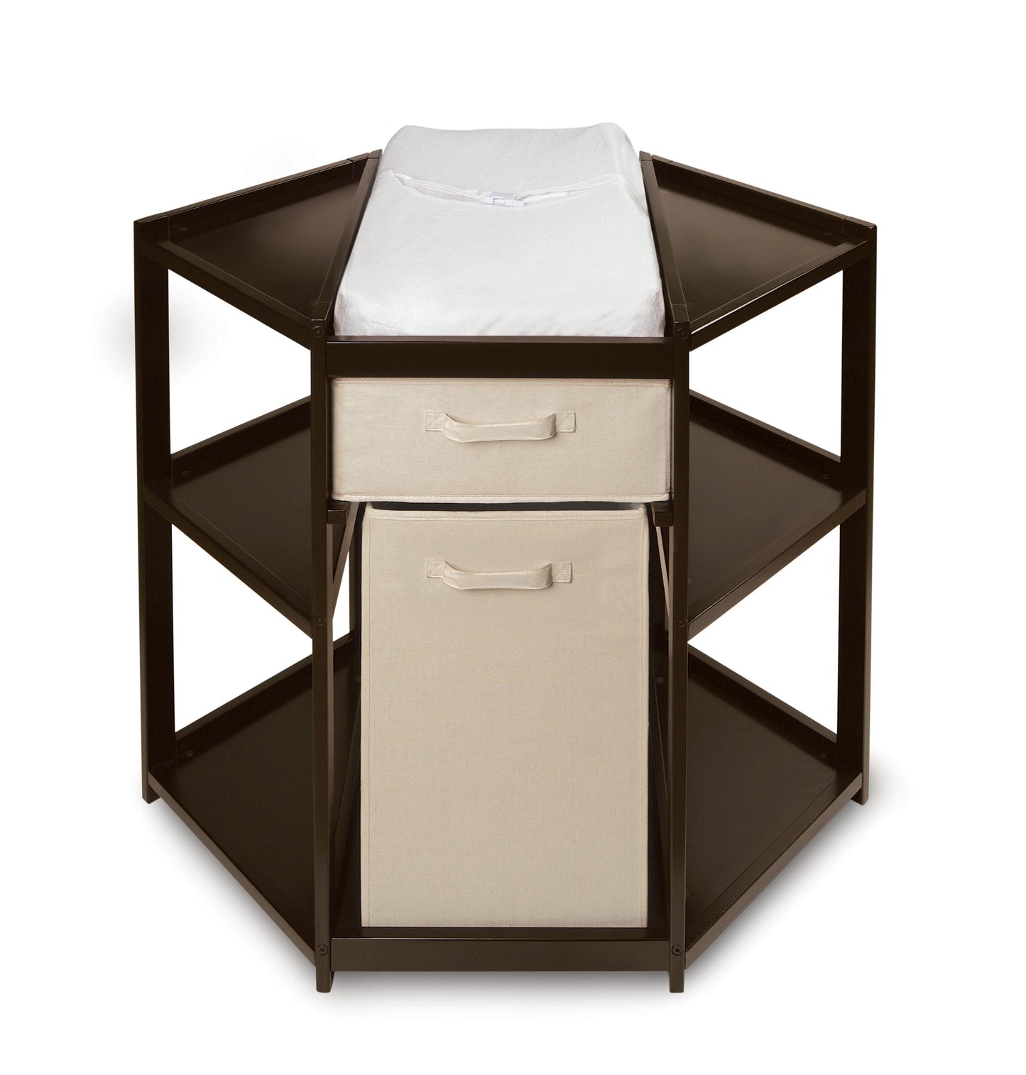 Badger Basket Diaper Corner Baby Changing Table – Space-Saving White Nursery Station with Hamper, Basket & Changing Pad