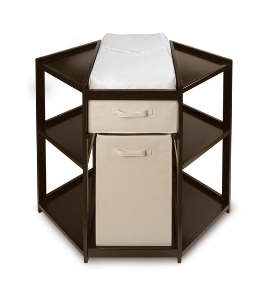 Badger Basket Diaper Corner Baby Changing Table – Space-Saving White Nursery Station with Hamper, Basket & Changing Pad