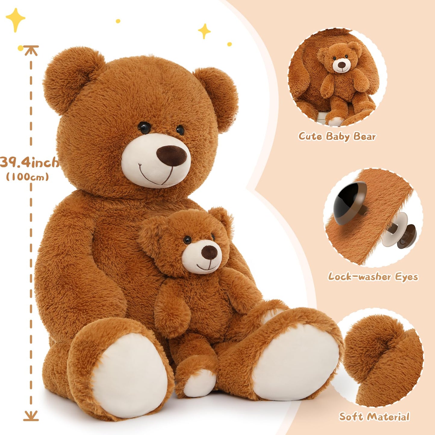 Muiteiur 49 inch Giant Teddy Bear Stuffed Animal, Big Bear Plush with Big Footprint, Great Gift for Party Decorations (Brown)