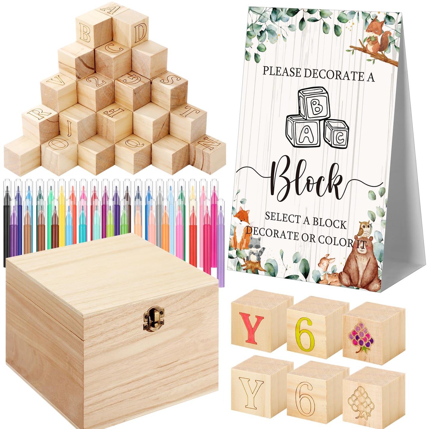 Marsui 136 Pcs Baby Shower Blocks to Decorate Game Kit Includes 98 Wooden Blocks, 36 Markers, 1 Game Sign, 1 Storage Box for Baby Shower Gender Reveal Activity Party Decorations(Pink Elephant)