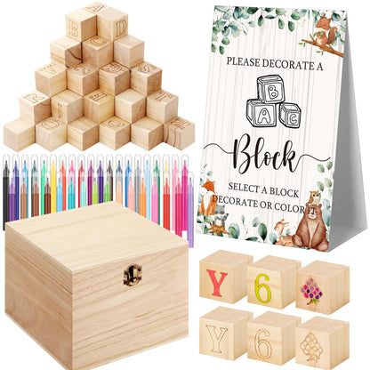 Marsui 136 Pcs Baby Shower Blocks to Decorate Game Kit Includes 98 Wooden Blocks, 36 Markers, 1 Game Sign, 1 Storage Box for Baby Shower Gender Reveal Activity Party Decorations(Pink Elephant)