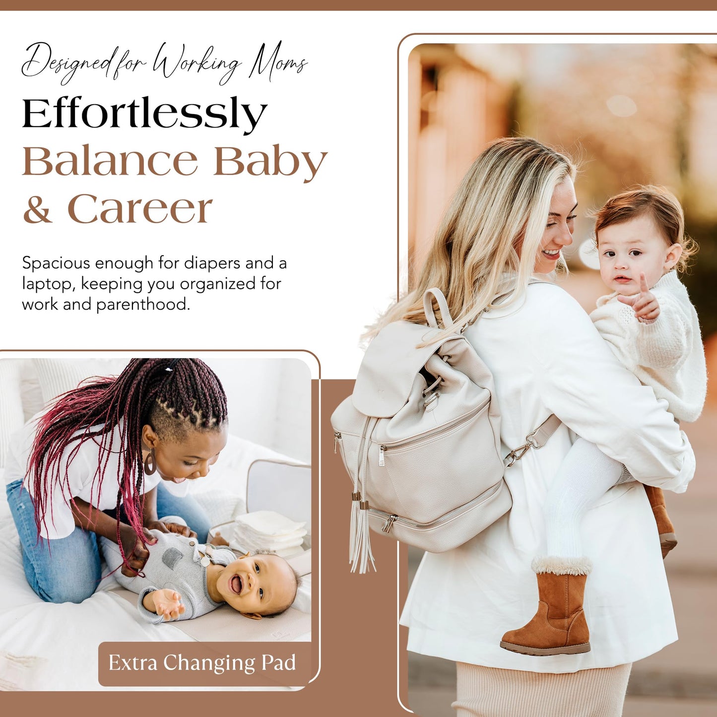 Citi Collective Journey Pearl Vegan Leather Diaper Bag Backpack | Elegant, Multifunctional, Travel Diaper Bag with Changing Pad, Stroller Straps & Insulated Bottle Pockets.