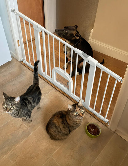 Babelio Upgraded Baby Gate with Cat Door, 29-43" Auto Close Durable Dog Gate for Stairs, Doorways and House, Easy Walk Thru Safety Gate with Pet Door Includes 4 Wall Cups, Black