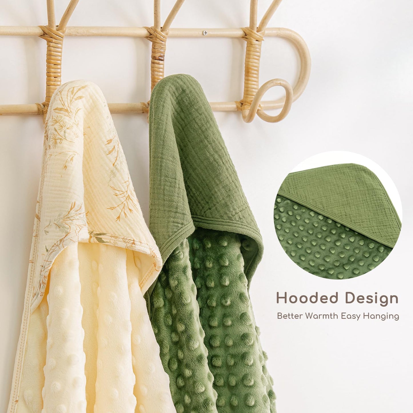 Baby Bath Towels for Newborn 100% Muslin Cotton and Minky Dot Fabric Neutral Hooded Baby Towels Set 2 Pack for Boys Girls Ultra Soft and Absorbent 30 x 30 Inch Green & Plant