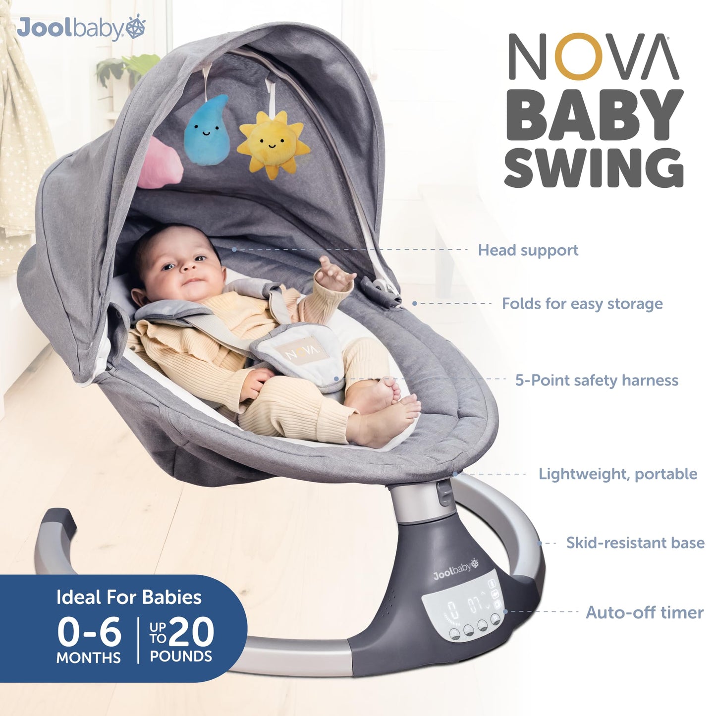 Jool Baby Nova Nature Baby Swing for Newborns – Natural Wood Toys, Electric Motorized Infant Swing, Bluetooth Music