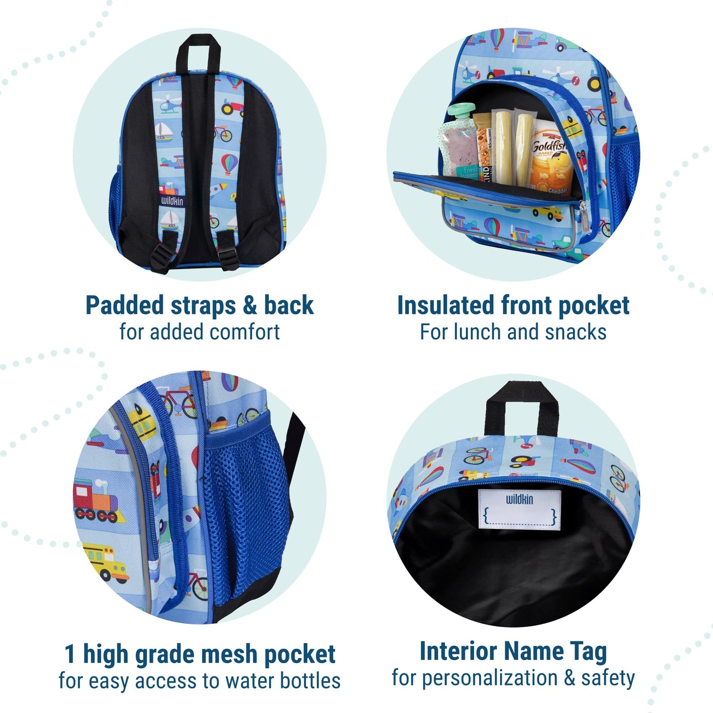 Wildkin 12-inch Kids Backpack – Padded, Adjustable, Ideal for Daycare & Travel - Trains, Planes, and Trucks