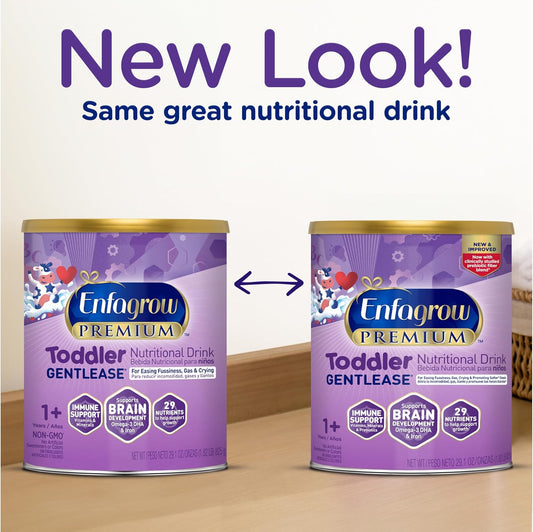 Enfagrow PREMIUM Gentlease Toddler Nutritional Drink, Made with Real Milk, Designed to Ease Fussiness, Gas & Crying, Brain-Building Omega-3, Nutrients for Growth & Immune Support, Powder Can, 29.1 Oz