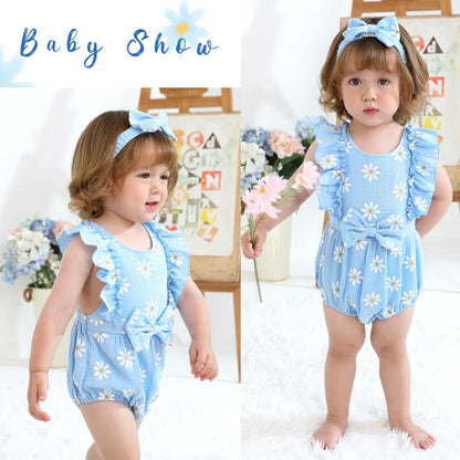 YOUNGER TREE Newborn Baby Girl Clothes Ruffle Sleeve Rompers Infant Backless Floral Jumpsuit Summer Outfits with Headband