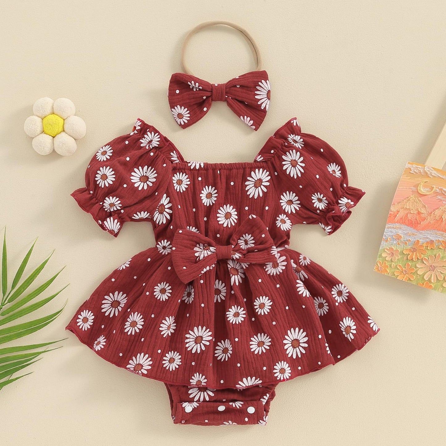 Baby Girls Daisy Romper Bowknot Bodysuit+Headband Short Sleeve Playsuits Floral Jumpsuit Infant Summer Clothes