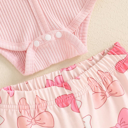 Fernvia Infant Baby Girl Clothes Suspenders Short Sleeve Ribbed Romper Flared Pants Set Headband 3pcs Summer Outfit