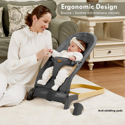 Foldable Baby Bouncer, Baby Seat with 3 Adjustable Heights, Portable Newborn Rocker, Ergonomic Bouncy Seat for Natural Bounce, Bouncer for Babies 0-6 Months, Soft Cotton (Beige)
