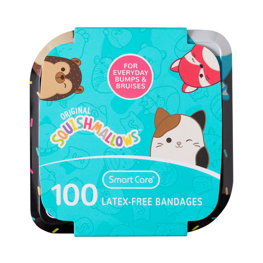 Squishmallow Bandage Kit, Cute Bandaids for Kids, Infants & Children, Latex-Free Bandages, Variety Pack of Assorted Bandages with Travel Size Tin Case, 100CT