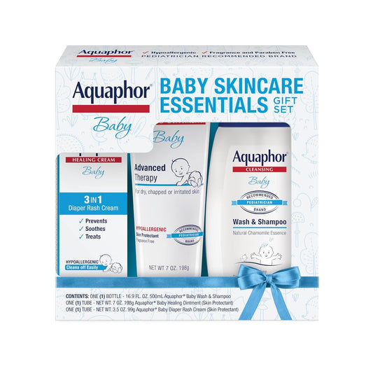 Aquaphor Baby Skincare Essentials Gift Set with Baby Wash and Shampoo, Healing Ointment, and Diaper Rash Cream, Baby Gifts for New Moms, 3 Pieces