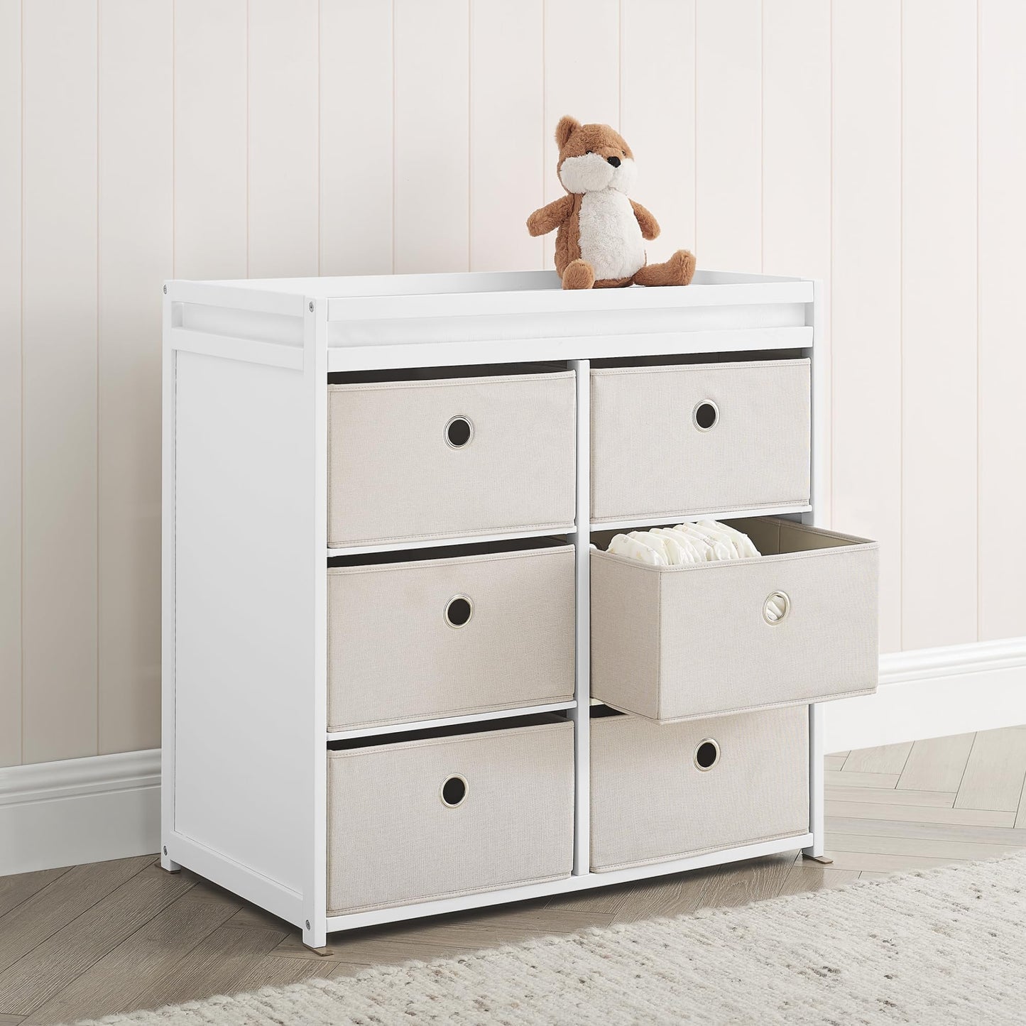 Delta Children Hayes Changing Table and Dresser for Bedroom with 6 Fabric Drawers, Charcoal Grey/Flax