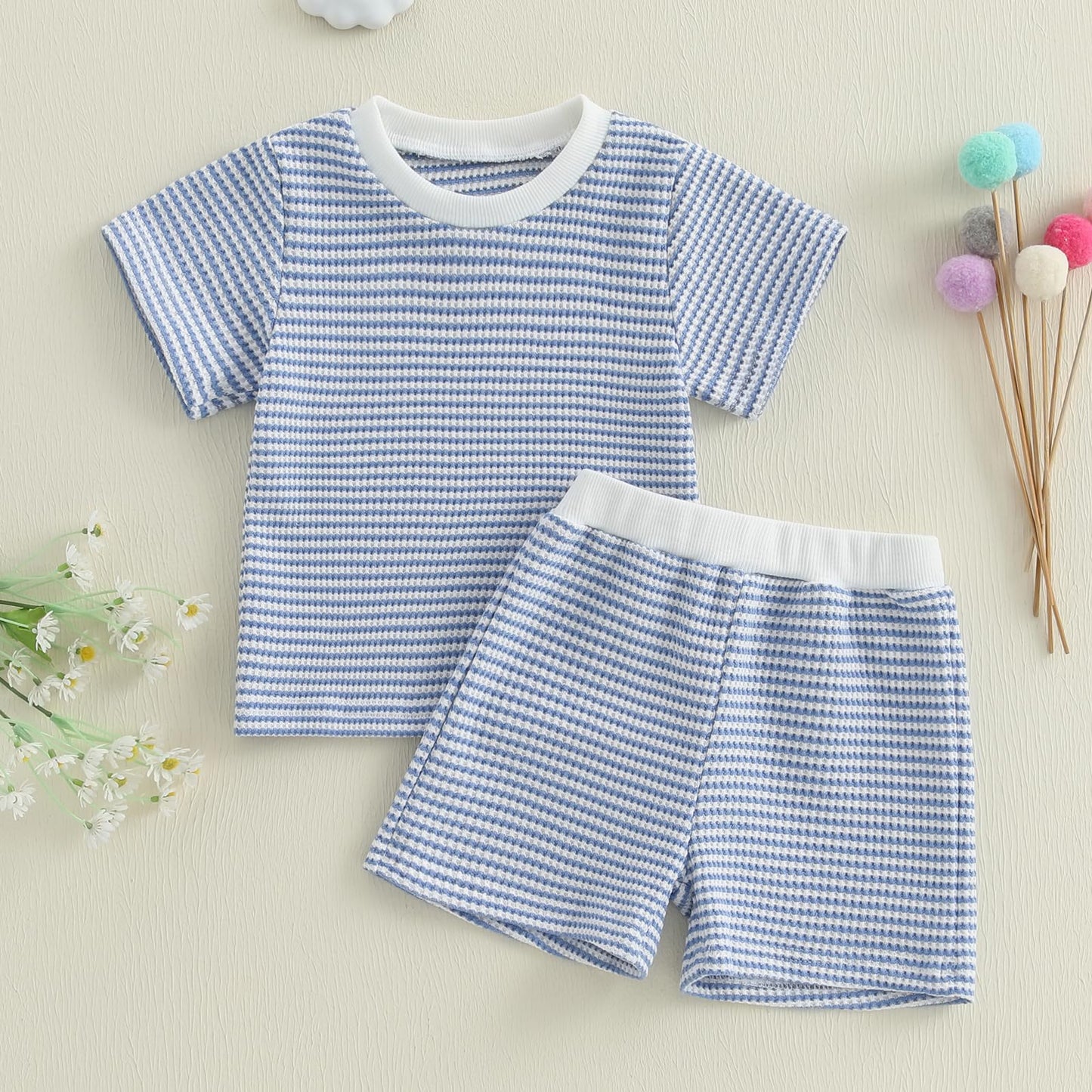 VISGOGO Baby Boy Girls Toddler Summer Outfit Striped T-shirt Toddler Boy Summer Clothes 6 12 18 Months 2 3 4 5 T Short Set