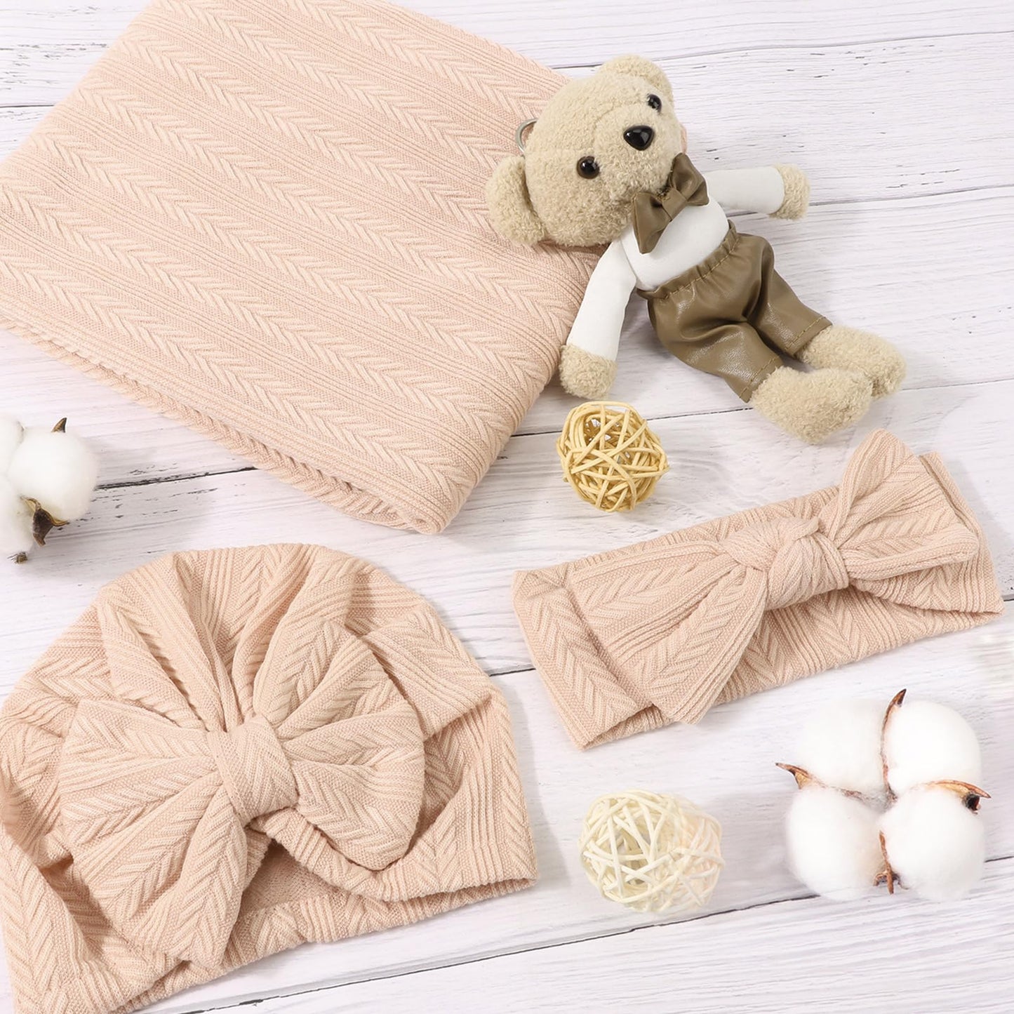 DRESHOW BQUBO Baby Swaddle Blankets for Girls, 4PCS Newborn Accessories Set with Matching Hat and Bow Headband with Card