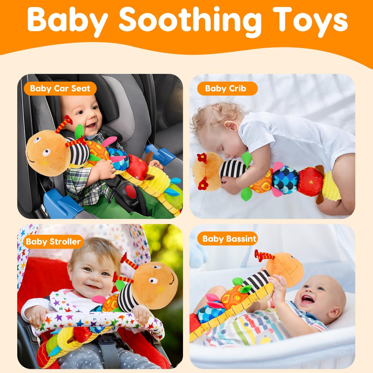 Baby Sensory Toy 0-6 Month Music Animal Stuffed Plush Caterpillar Toy for Infant 0-3-6 Month Tummy Time with Baby Mirror Crinkle Rattle for 6-12 Month Carseat Toy for Newborn Boys Girls Shower Gifts