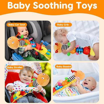 Baby Sensory Toy 0-6 Month Music Animal Stuffed Plush Caterpillar Toy for Infant 0-3-6 Month Tummy Time with Baby Mirror Crinkle Rattle for 6-12 Month Carseat Toy for Newborn Boys Girls Shower Gifts